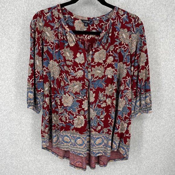 Lucky Brand Popover Floral Boho Top Blouse Size 2X Red Blue Flowy 3/4 Sleeve EUC - Picture 1 of 15